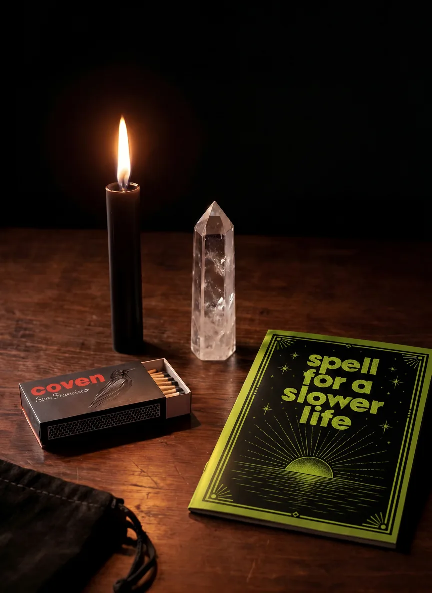Spell for a Slower Life spellbook with ritual candle, clear quartz obelisk and Coven matches