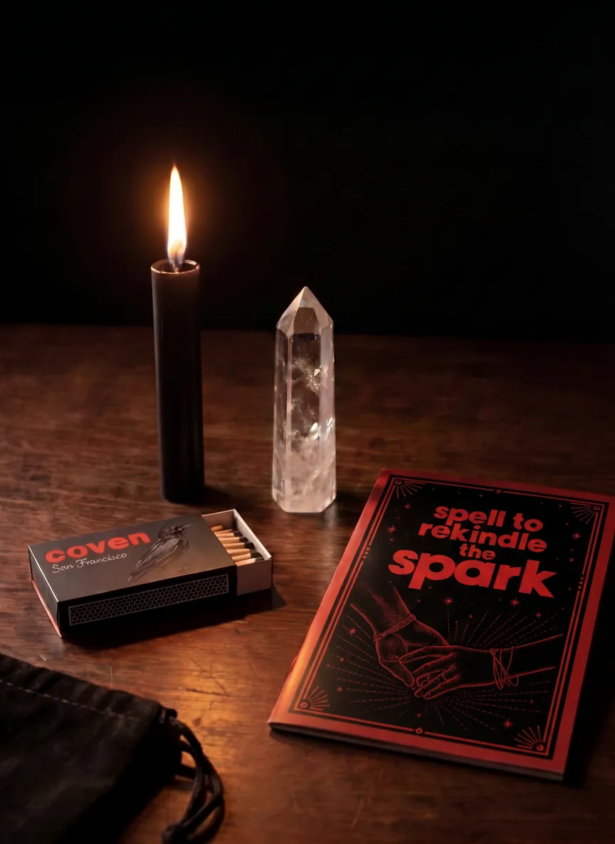 Spell to Rekindle the Spark spellbook with ritual candle, clear quartz obelisk and Coven matches