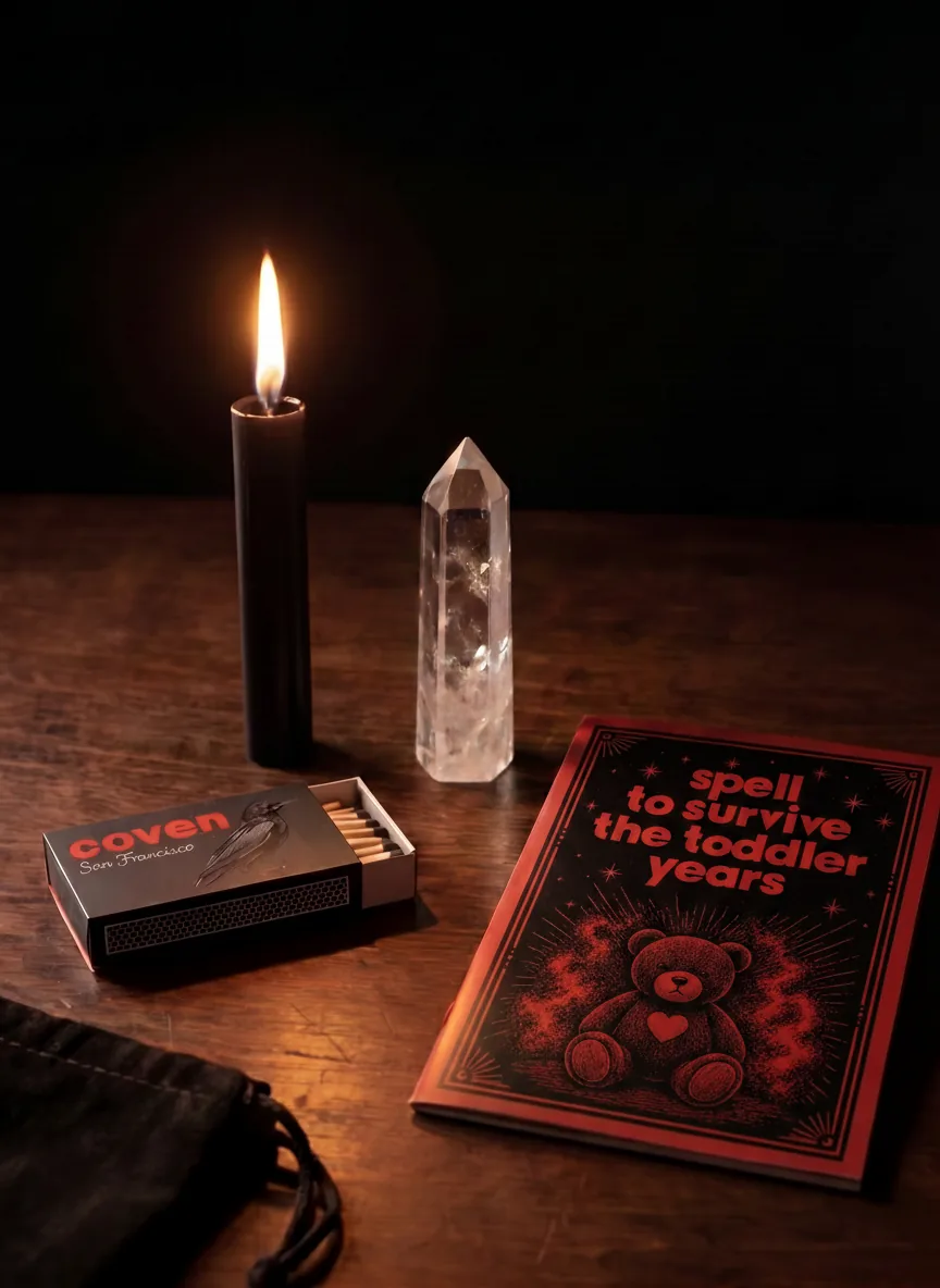 Spell to Survive the Toddler Years spellbook with ritual candle, clear quartz obelisk and Coven matches