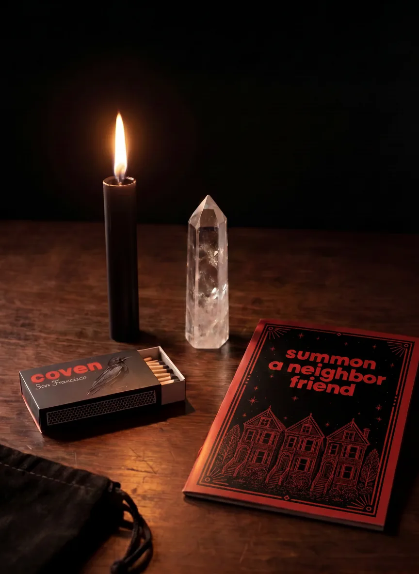 Summon a Neighbor Friend spellbook with ritual candle, clear quartz obelisk and Coven matches