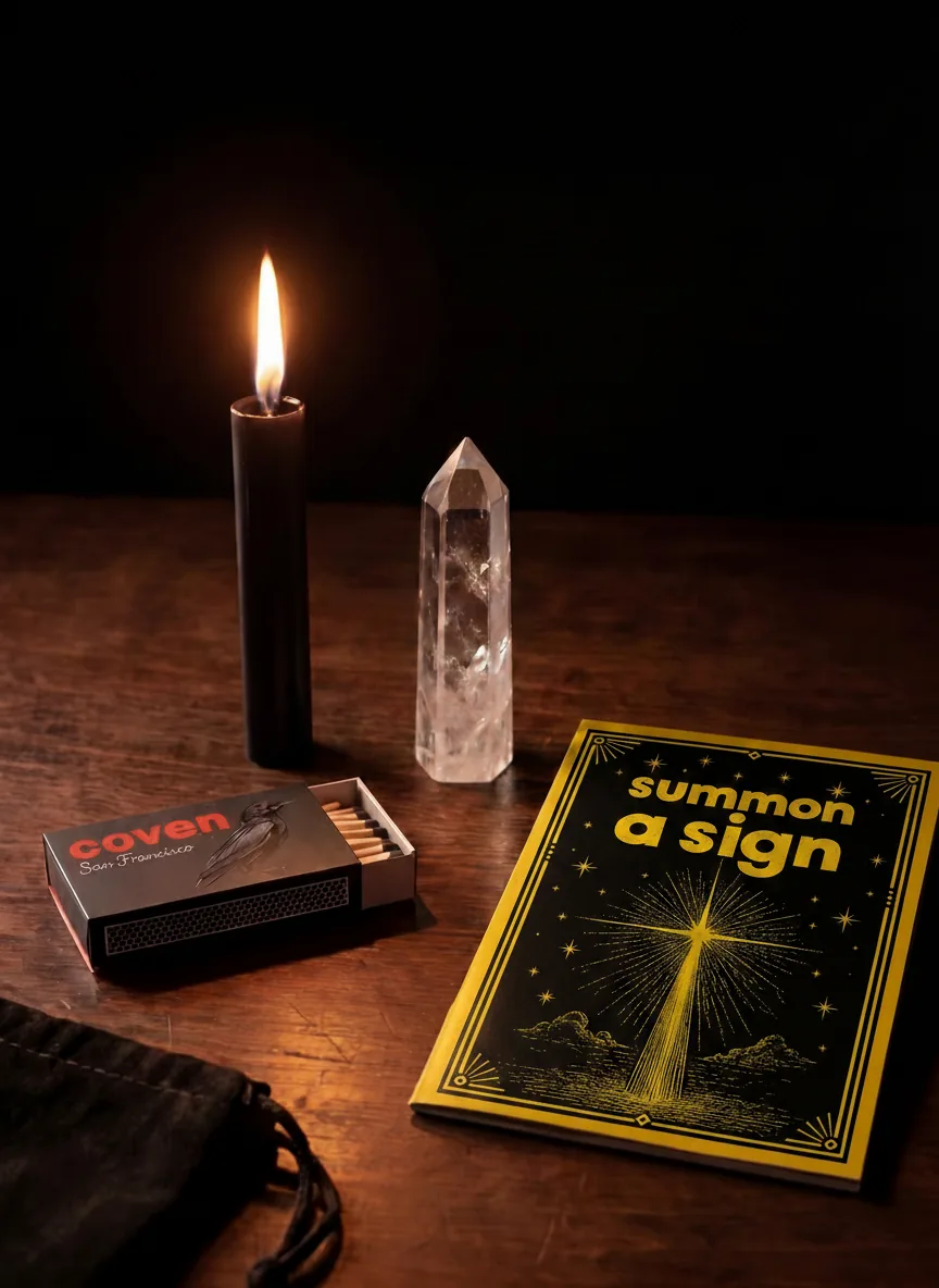 Summon a Sign spellbook with ritual candle, clear quartz obelisk and Coven matches