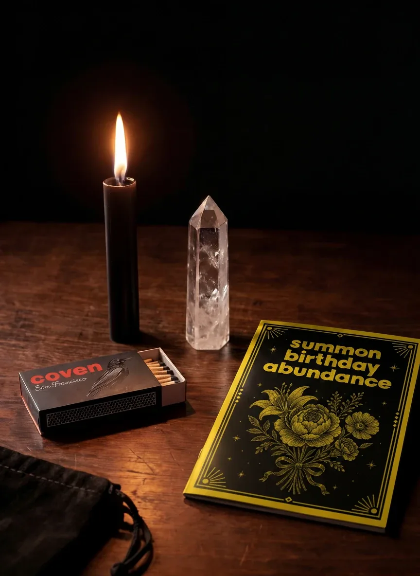 Summon Birthday Abundance spellbook with a black ritual candle, clear quartz point, Coven matches and pouch