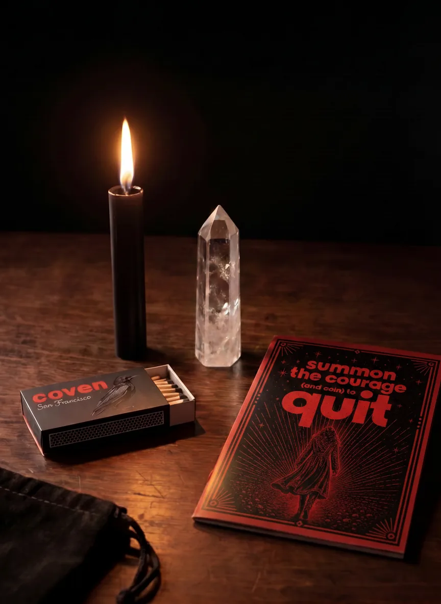Summon the Courage (and Coin) to Quit spellbook with ritual candle, clear quartz obelisk and Coven matches
