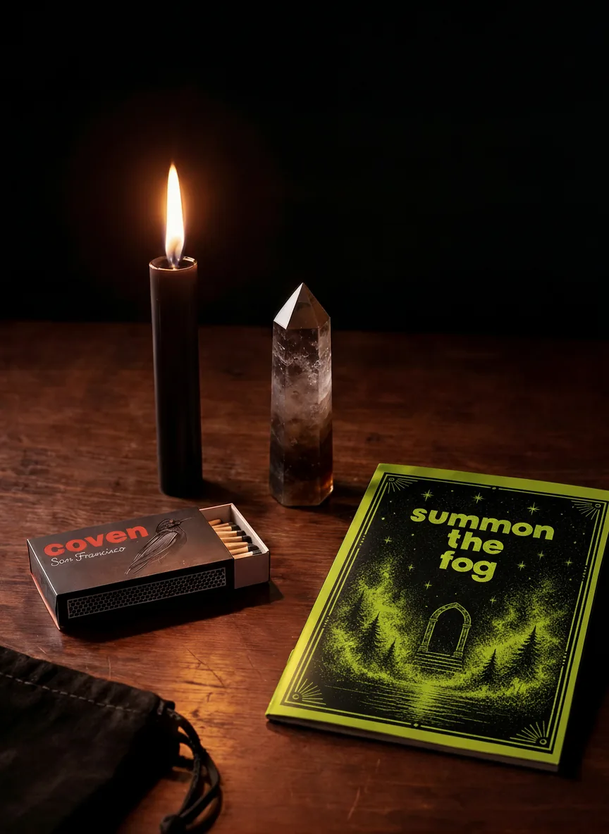 Summon the Fog spellbook with ritual candle, smoky quartz obelisk and Coven matches