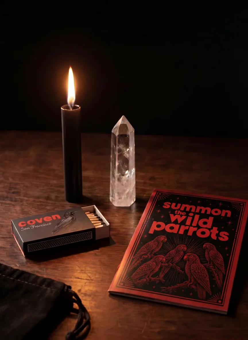 Summon the Wild Parrots spellbook with ritual candle, clear quartz obelisk and Coven matches
