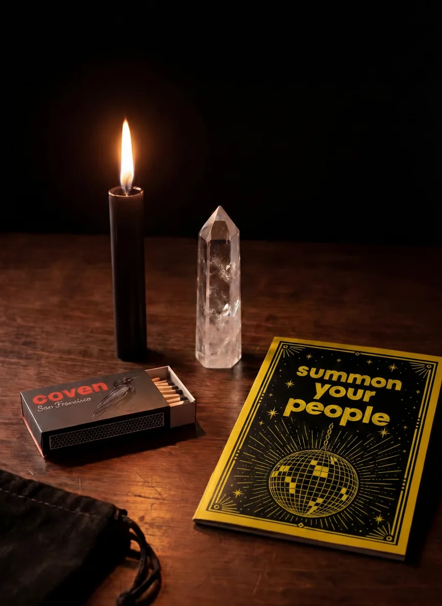 Summon Your People spellbook with ritual candle, clear quartz obelisk and Coven matches