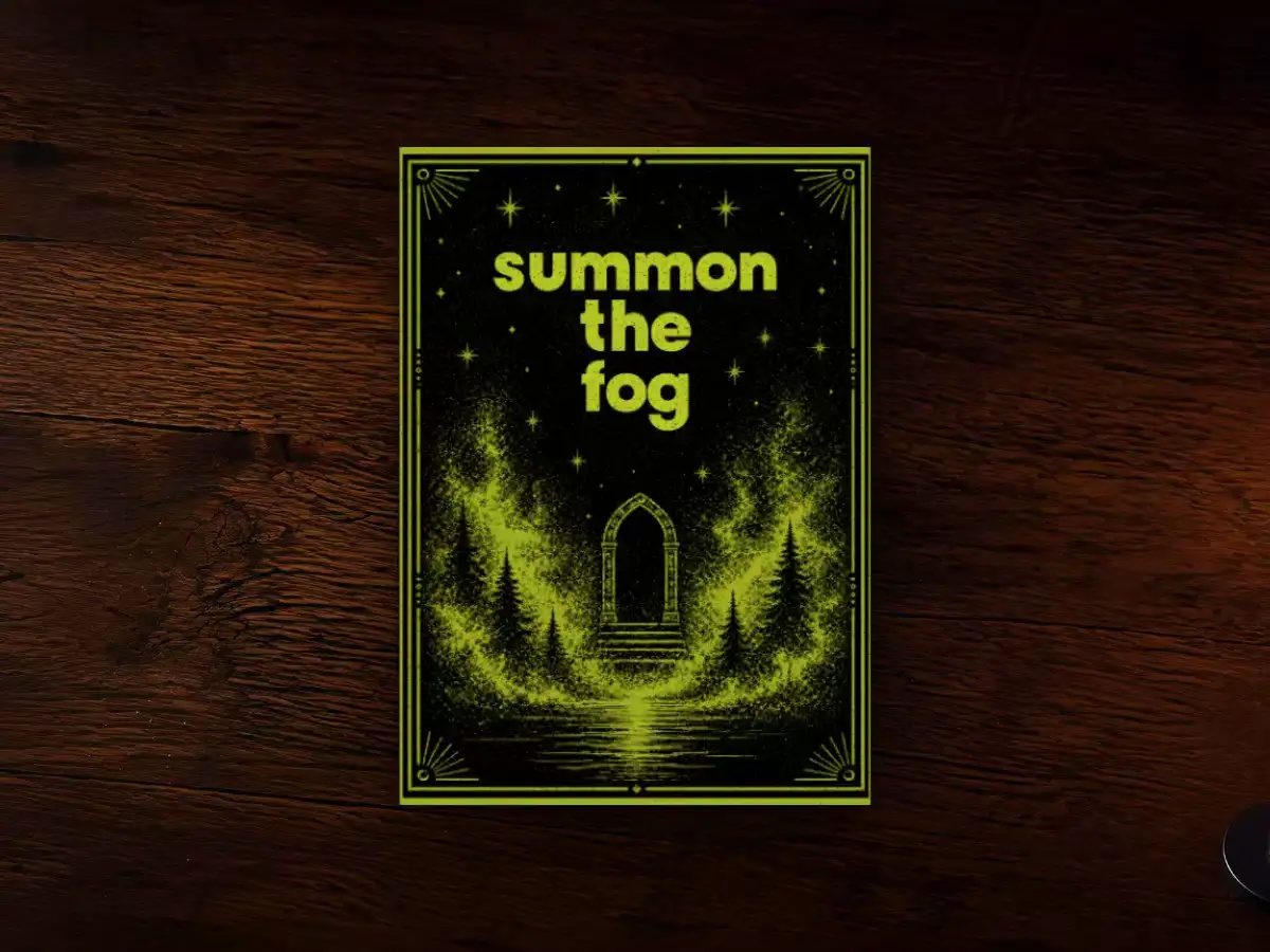 The Summon the Fog spellbook closed to its front cover, centered on a dark backdrop