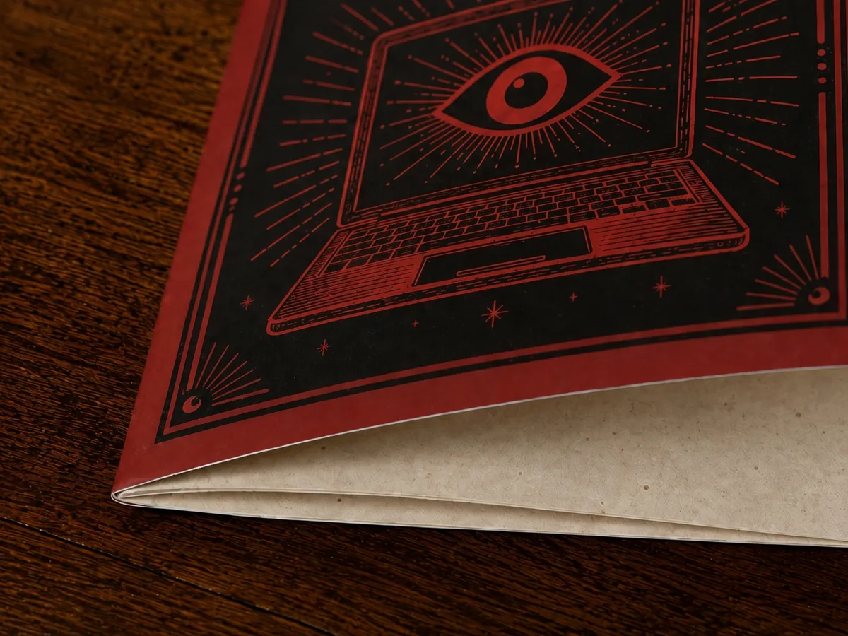 The Ward Off AI Taking Your Job spellbook — red ink on matte black with an all-seeing-eye laptop illustration, opened to show its splayed pages on a dark wood surface